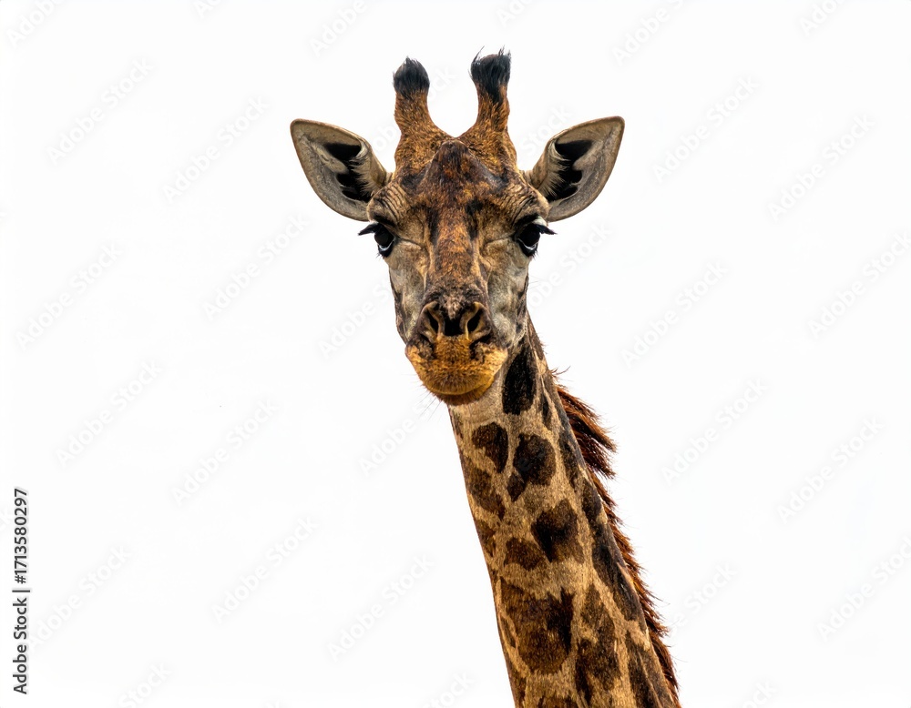 Obraz premium A curious giraffe's head and neck against a stark white background.