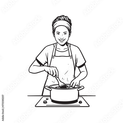 Black and White Vector Illustration of a Smiling Woman Cooking in Kitchen with Apron and Headband