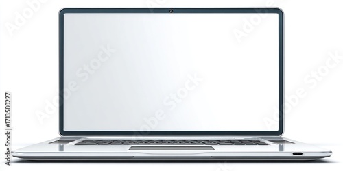Silver laptop open with blank white screen centered on a white background, angled towards the viewer, revealing the keyboard and thin silver body