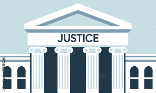 Stylized illustration of a courthouse with the word JUSTICE.