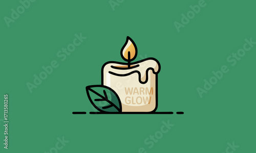 Stylized illustration of a lit candle with a leaf and text.