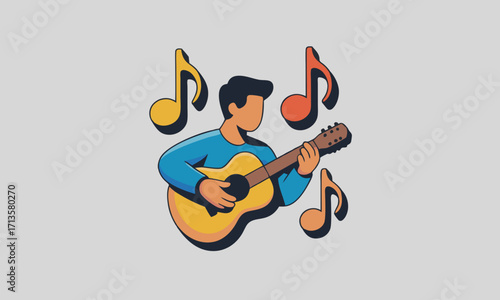 Stylized illustration of a person playing an acoustic guitar with musical notes.