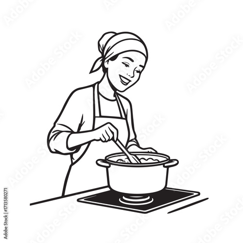 Black and White Vector Illustration of a Smiling Woman Cooking in Kitchen with Apron and Headband