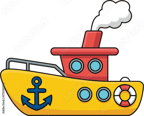 Cute cartoon yellow tugboat with anchor and lifebuoy