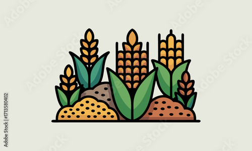Stylized illustration of corn and wheat stalks growing from soil mounds.