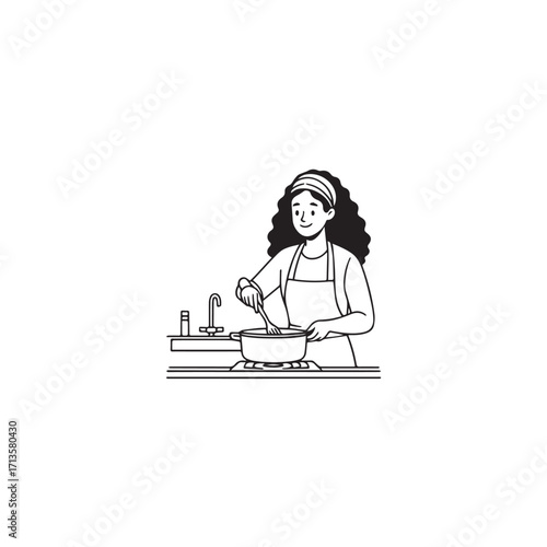 Black and White Vector Illustration of a Smiling Woman Cooking in Kitchen with Apron and Headband
