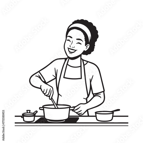 Black and White Vector Illustration of a Smiling Woman Cooking in Kitchen with Apron and Headband
