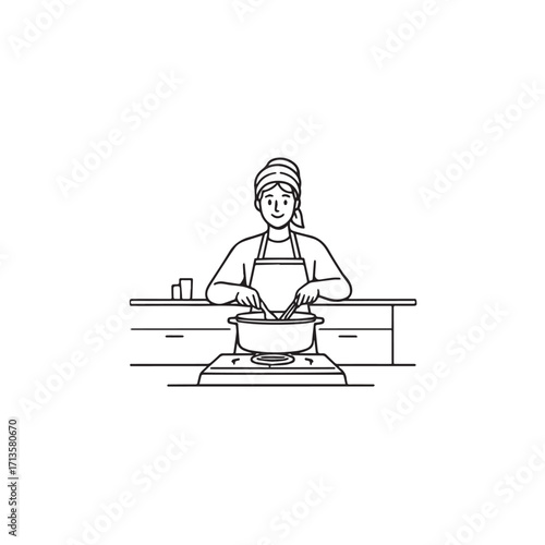 Black and White Vector Illustration of a Smiling Woman Cooking in Kitchen with Apron and Headband