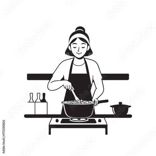 Black and White Vector Illustration of a Smiling Woman Cooking in Kitchen with Apron and Headband