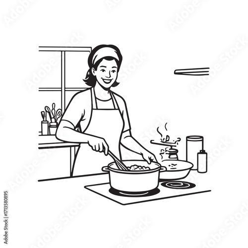 Black and White Vector Illustration of a Smiling Woman Cooking in Kitchen with Apron and Headband