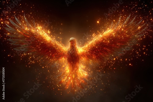 Fiery Phoenix Rising from Ashes with Glowing Embers and Light