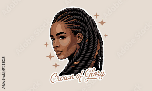 Stylized portrait of a woman with intricate braided hair and the text Crown of Glory.