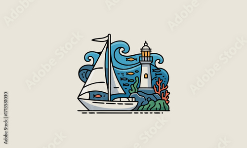 Stylized sailboat and lighthouse scene with underwater elements.