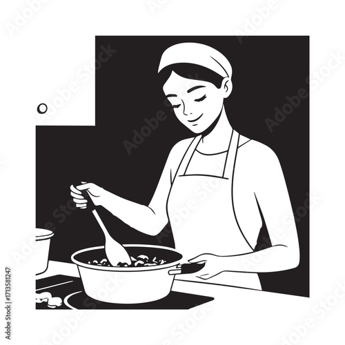 Black and White Vector Illustration of a Smiling Woman Cooking in Kitchen with Apron and Headband