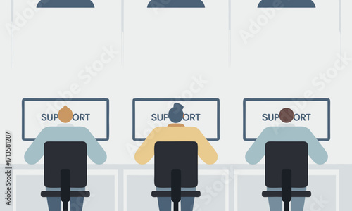 Three support staff members seated at desks with SUPPORT displayed on monitors.