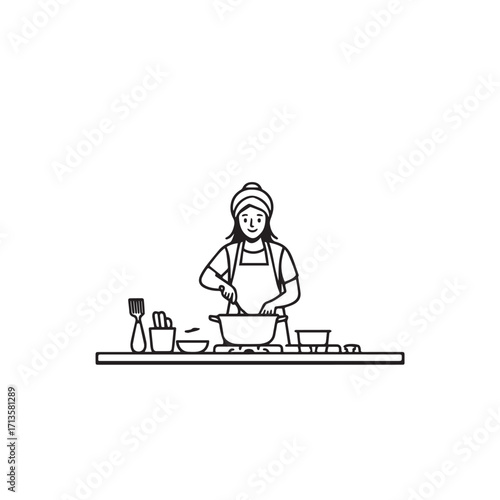 Black and White Vector Illustration of a Smiling Woman Cooking in Kitchen with Apron and Headband