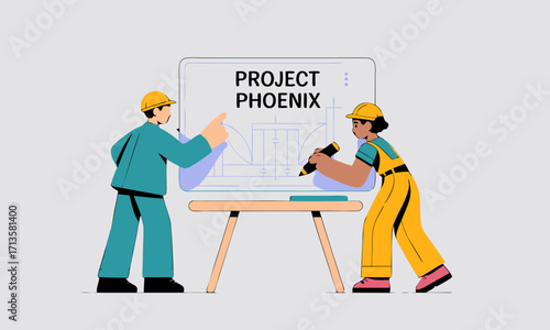 Two construction workers collaborating on Project Phoenix blueprint.