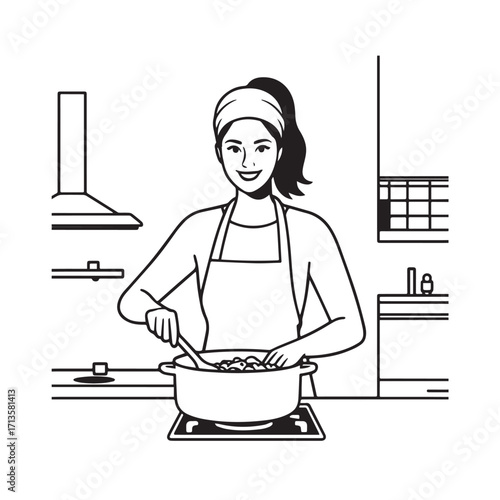 Black and White Vector Illustration of a Smiling Woman Cooking in Kitchen with Apron and Headband
