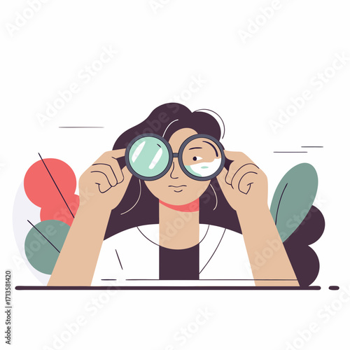 Young woman adjusting glasses and looking curious with foliage background  