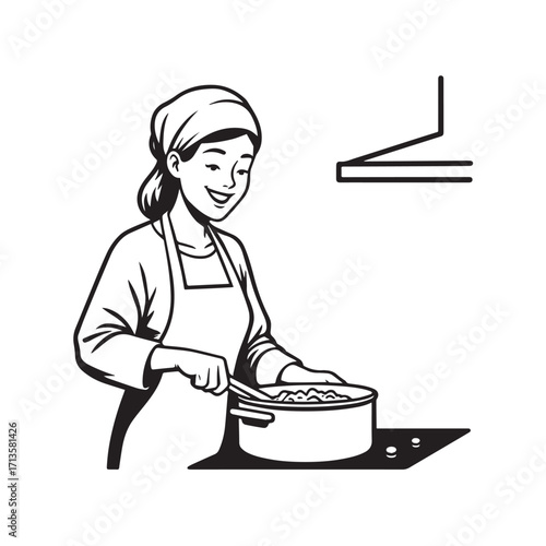 Black and White Vector Illustration of a Smiling Woman Cooking in Kitchen with Apron and Headband