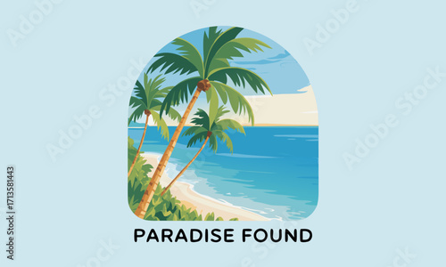 Tropical beach scene with palm trees and ocean view.