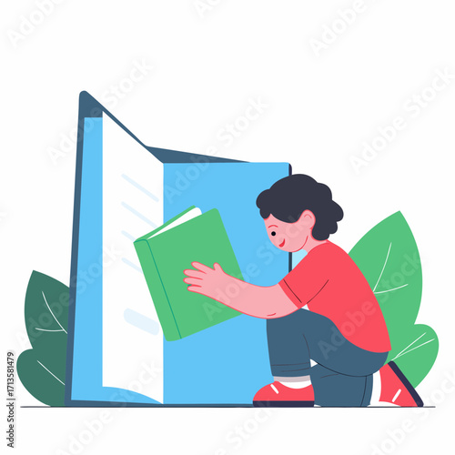 Young boy hiding a note in a book while sitting beside a plant  