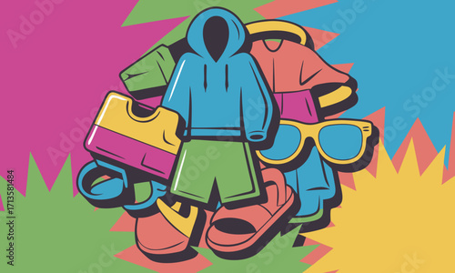 Vibrant Cartoon Clothing and Accessories Pile.
