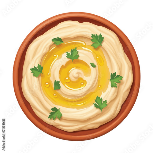 A detailed top-down illustration of a traditional bowl of creamy hummus, smoothly whisked and drizzled with a swirl of olive oil and fresh parsley garnish