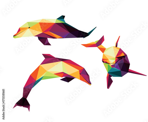 Dolphin Fish Set in Colorful Polygon Vector. Dolphin Animal Abstract Illustration Collection. Colorful Dolphin logo polygon