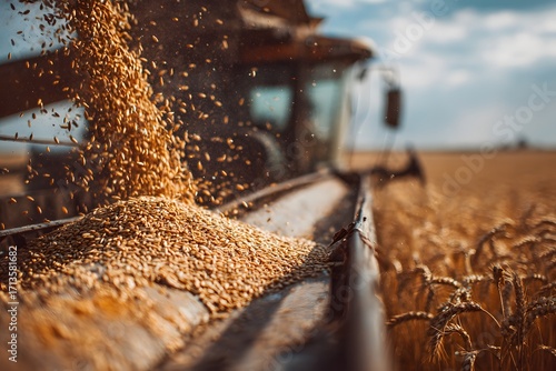 Wheat grains falling from combine harvester into trailer during harvest.