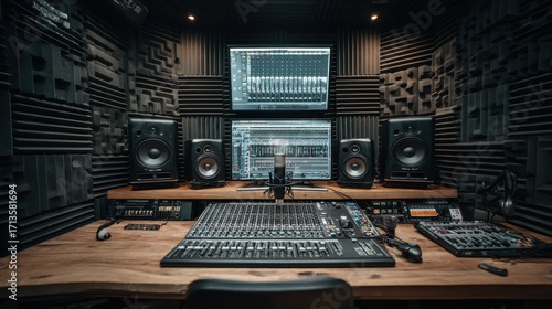 Modern Music Studio with Sound Equipment and Monitors