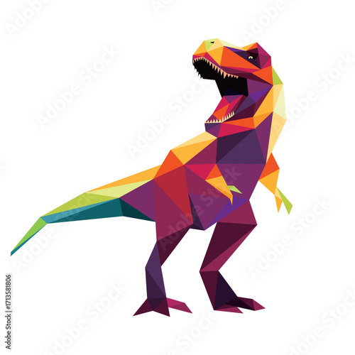 Roaring Tyrannosaurus Rex in Colorful Polygon. Low Poly Angry T Rex Dinosaur in Colorful Abstract. Old Dinosaur Animal Logo Vector. For kids animal book