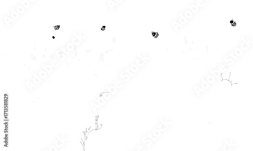 Whimsical black and white illustration of bees flying around a delicate plant.