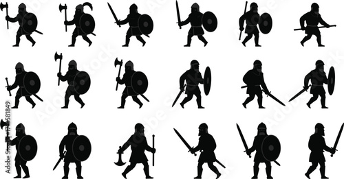 Medieval warrior silhouettes, knights in battle poses, sword and shield fighters, historical combat figures, fantasy soldiers, armed fighters, black vector illustration