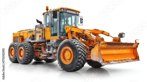 Large Orange Construction Grader Machine on White Background