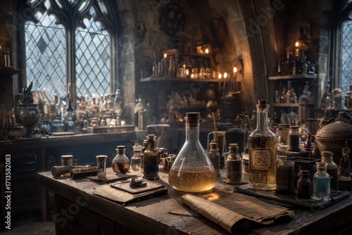 Enchanted Potion Laboratory with Bottles and Ancient Ingredients