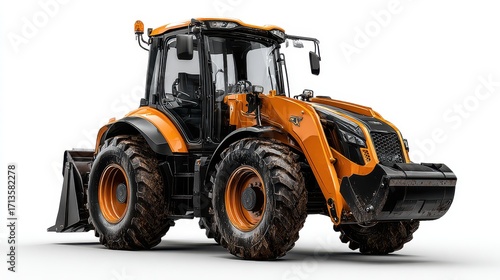 Modern Orange Tractor with Loader Attachment on White Background