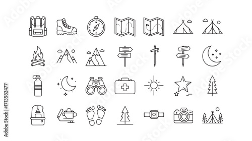 Set of handdrawn camping and hiking icons