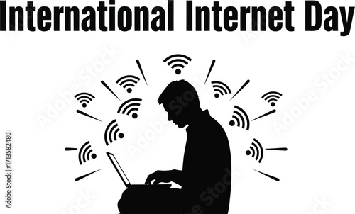 International internet day vector illustration with person using laptop and wifi signals