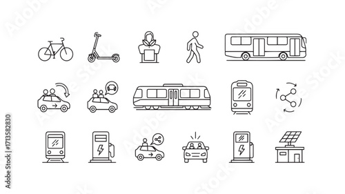 Collection of handdrawn icons for transportation and mobility