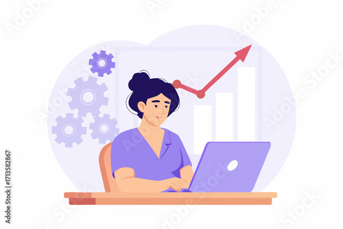 Woman working on laptop with upward trending business graph and gears in background