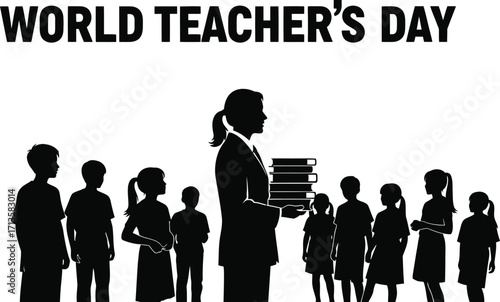 Silhouette illustration of teacher with students for world teachers day celebrating educators and learning