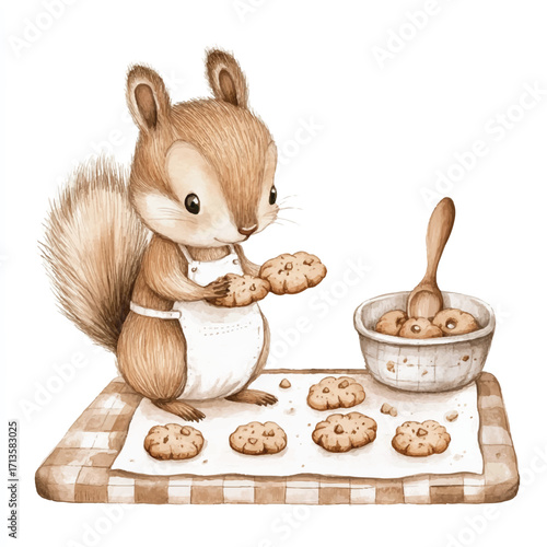 Adorable watercolor squirrel character baking fresh homemade cookies.