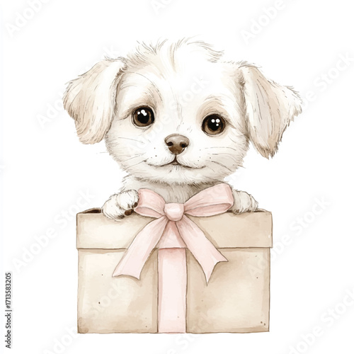 Adorable white puppy in a gift box.