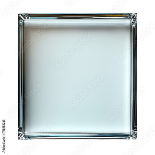 A single clear glass block with a frosted surface and a reflective metallic frame isolated on transparent background