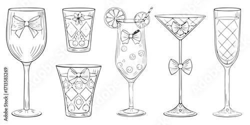 Collection of hand drawn cocktail glasses and drinks with decorative bows and garnishes
