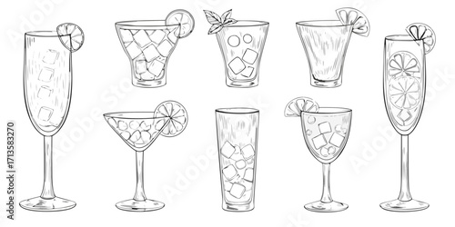 Collection of hand drawn cocktail glasses filled with ice and garnished with lemon slices and mint