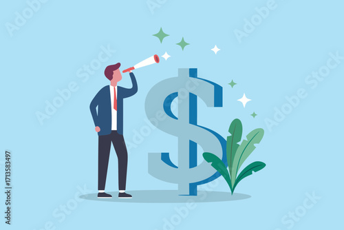 Businessman with telescope looking at giant dollar sign symbol represents financial growth and investment opportunities