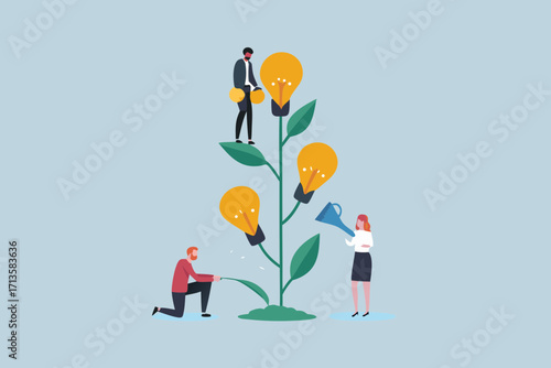 Teamwork and collaboration nurturing a growing plant of bright ideas represented by light bulbs