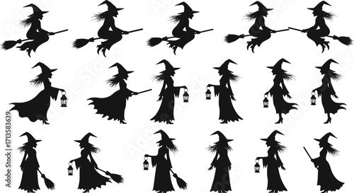 Witch Silhouettes on Broomstick, Halloween Vector Illustration, Flying Witches, Spooky Characters, Black Shadows, Magical Women, Isolated Clipart Set